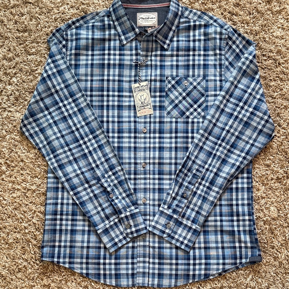 Flag & Anthem NWT Blue Plaid Long Sleeve Button Down Classic Shirt Size Large
